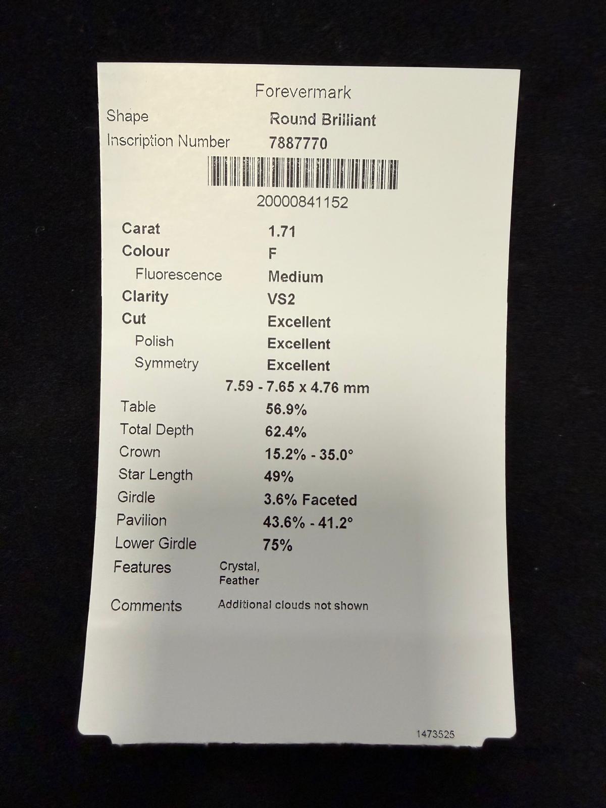 DeBeers Forever Mark natural diamond. Round 1.71 ct F/VS2 XXX Med