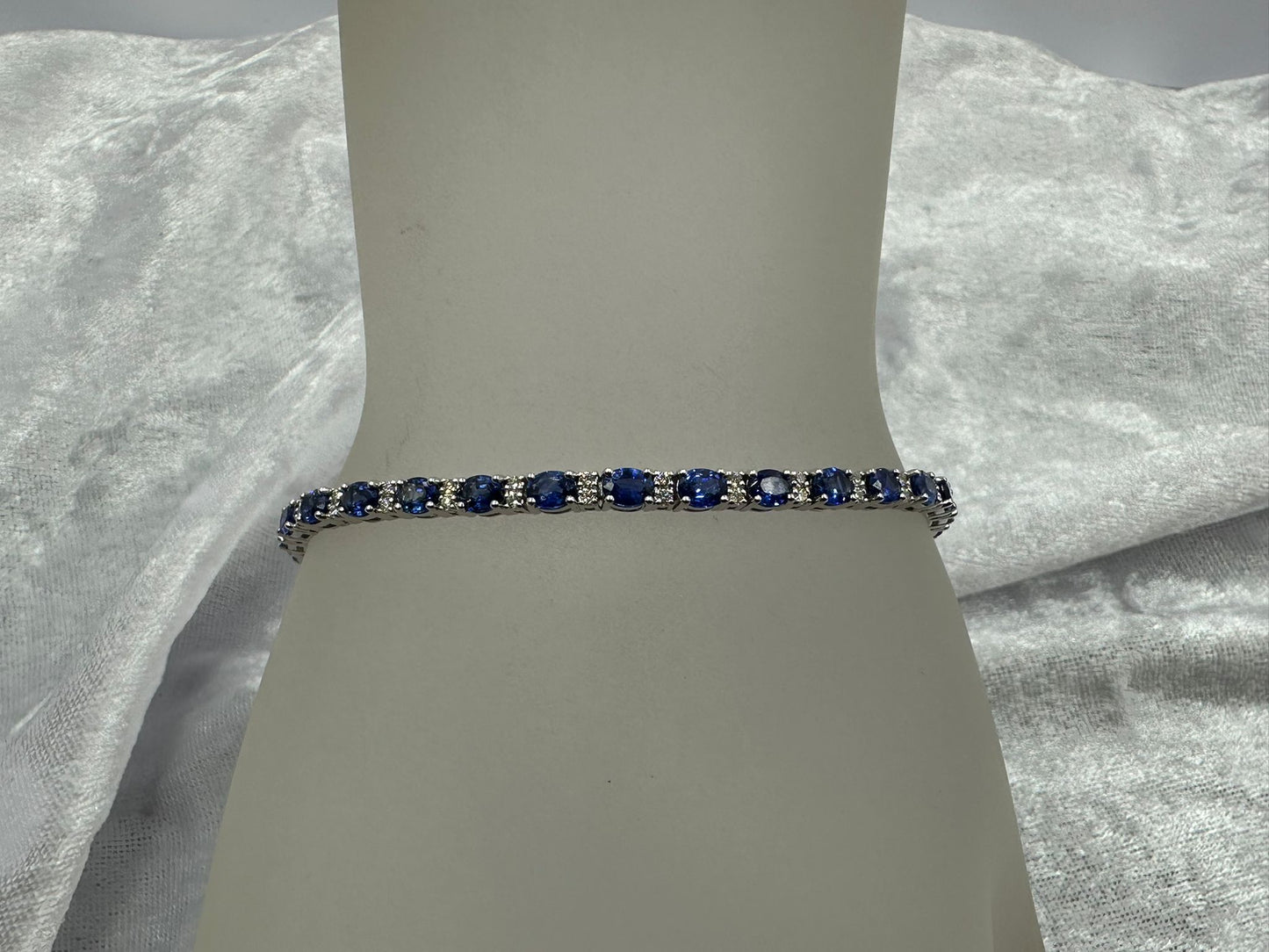 18K white gold Ceylon sapphire and natural diamond tennis bracelet. 7.30 TCW