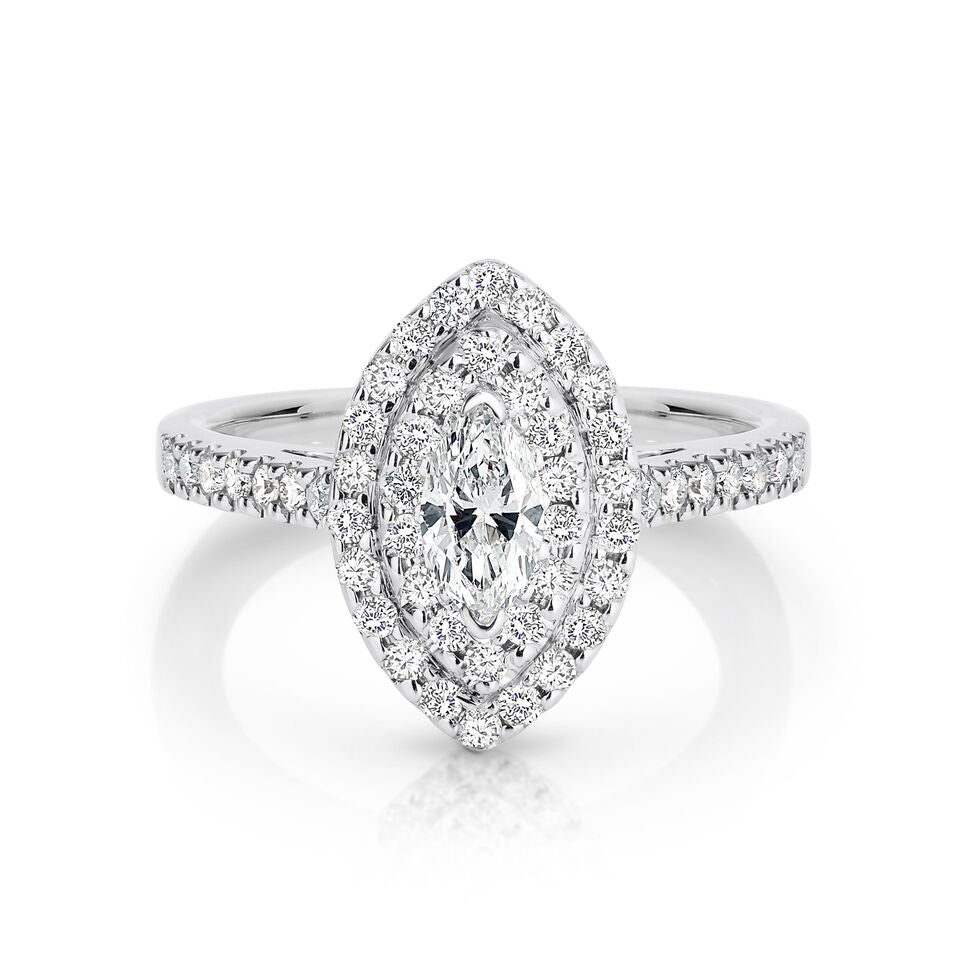 GIA certified marquise 0.50 ct F/SI2 set in 18K W/G double halo ring. TCW 1.10+ cts