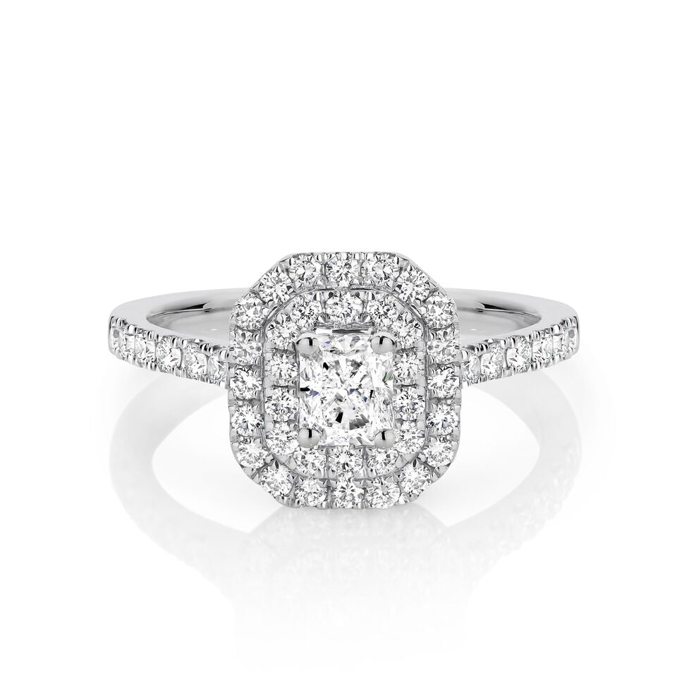 Radiant Double Halo Ring with 1.10 ct/18k white gold