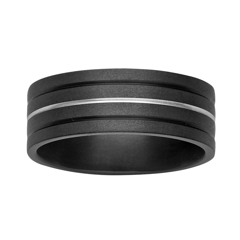 Mens Black Zirconium Ring with White zirconium strip