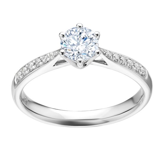 Tapered grain set 6 claw raised shoulder engagement ring. SETTING ONLY, angled view