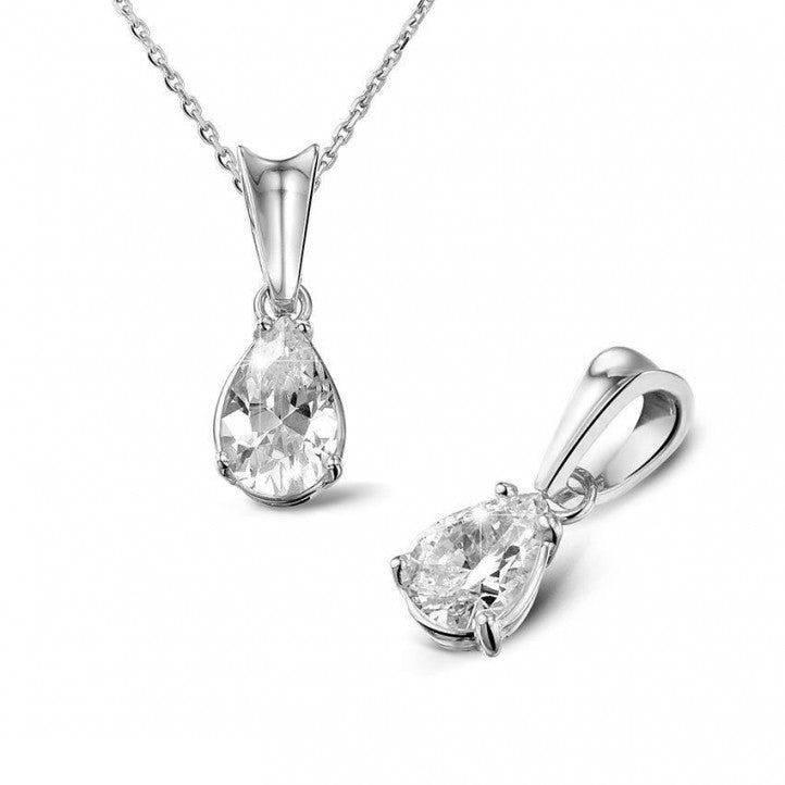 Classic GIA certified 0.50 ct Pear pendant and necklace in 18K white gold.