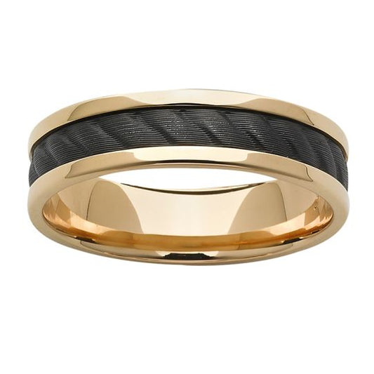 9K Yellow Gold ring with Roped Black Zirconium centre