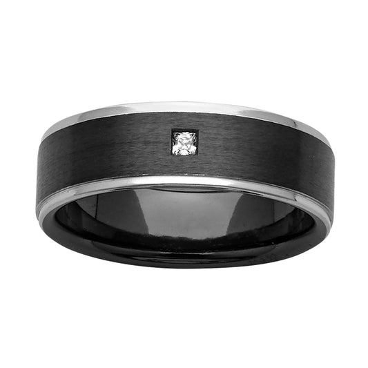 Mens Black and White Zirconium ring with 0.05 ct princess diamond
