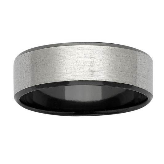 BLACK AND NATURAL COLOURED ZIRCONIUM RING, SANDED TOP