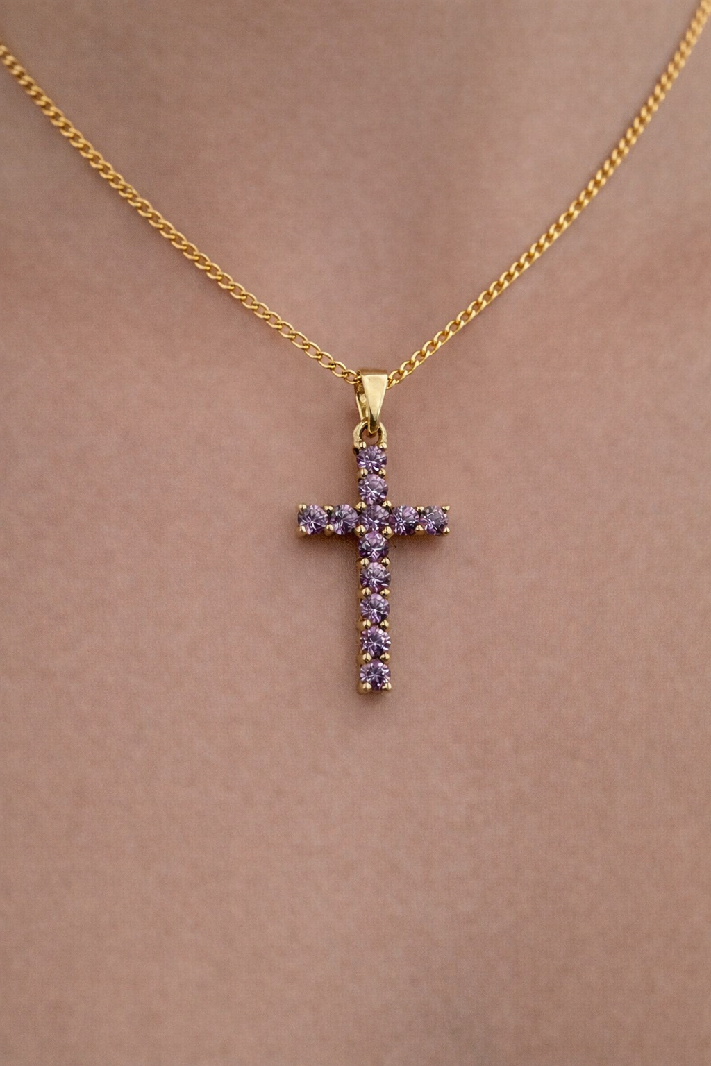 9K yellow gold pink sapphire cross pendant