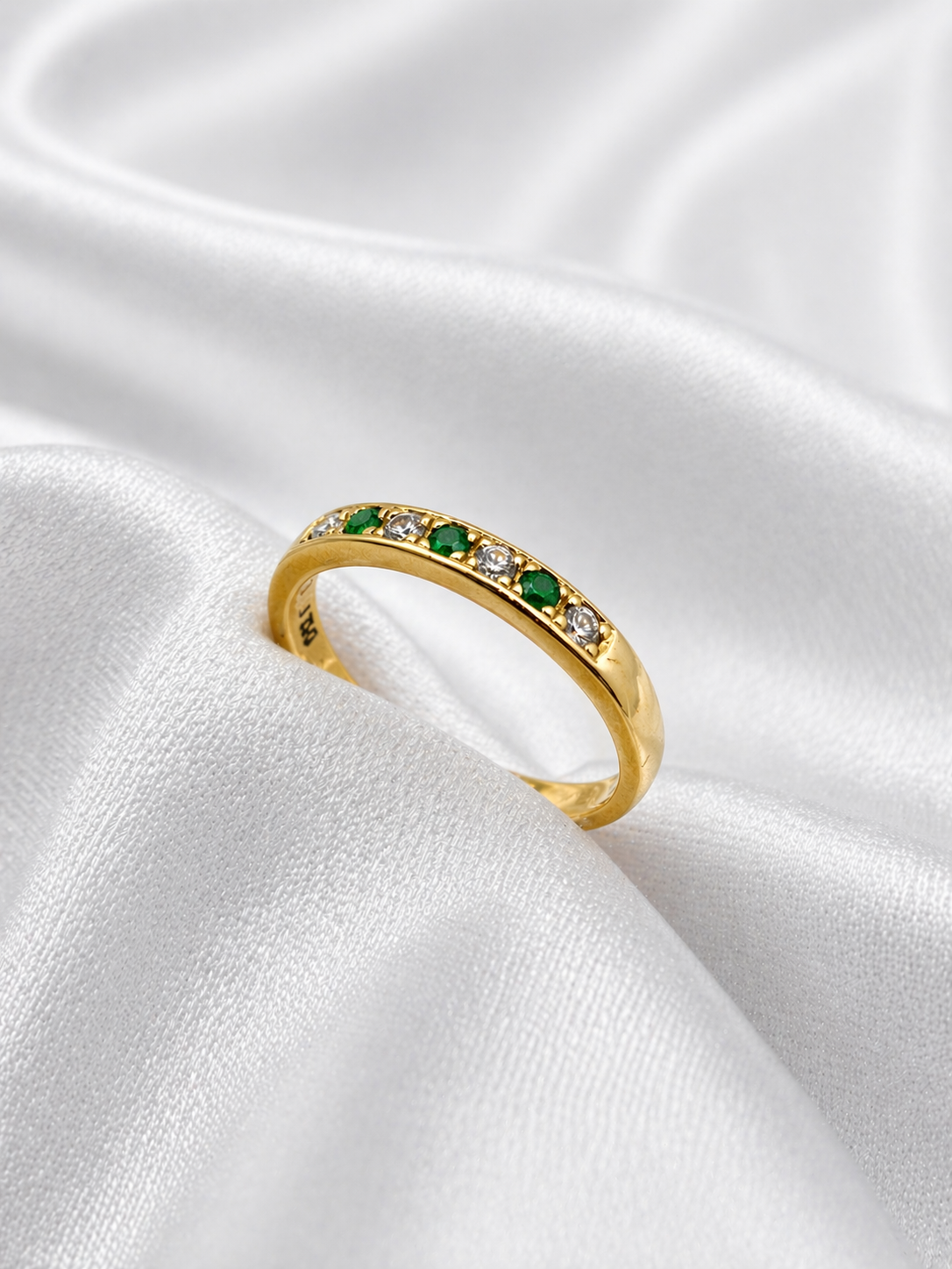 18K yellow gold grain set diamond and emerald ring.