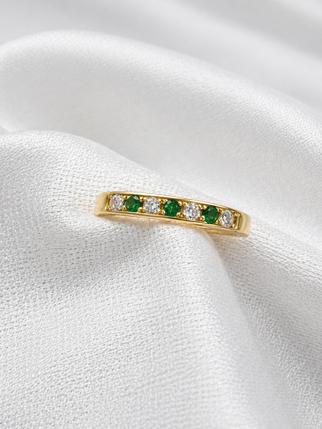 18K yellow gold grain set diamond and emerald ring.