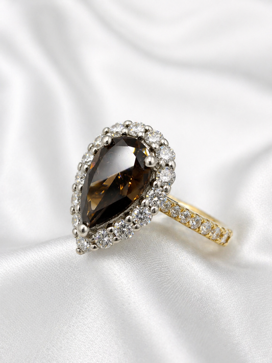 18K yellow and white gold halo ring with Fancy Dark Brown pear brilliant lab grown diamond