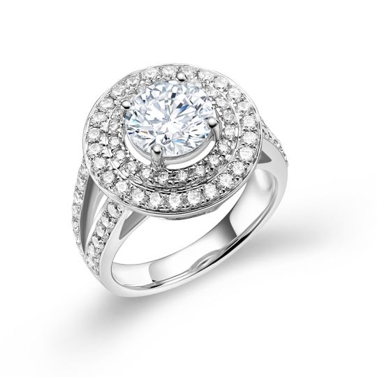 DOUBLE HALO SPLIT BAND ENGAGEMENT RING. SETTING ONLY, angled view