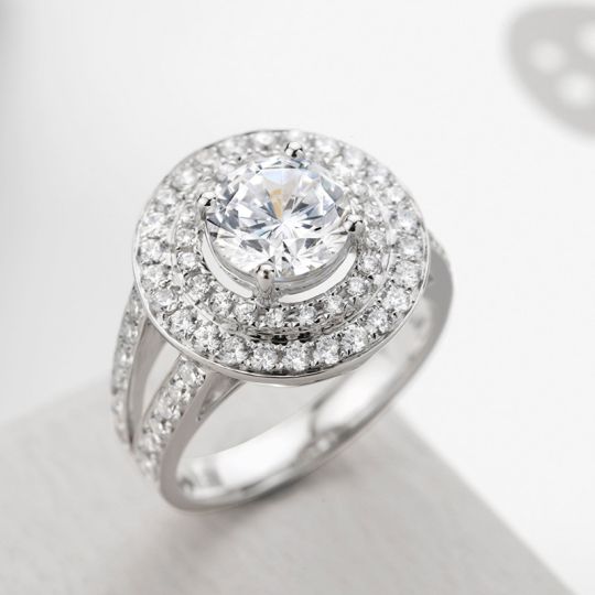 DOUBLE HALO SPLIT BAND ENGAGEMENT RING. SETTING ONLY, angled view
