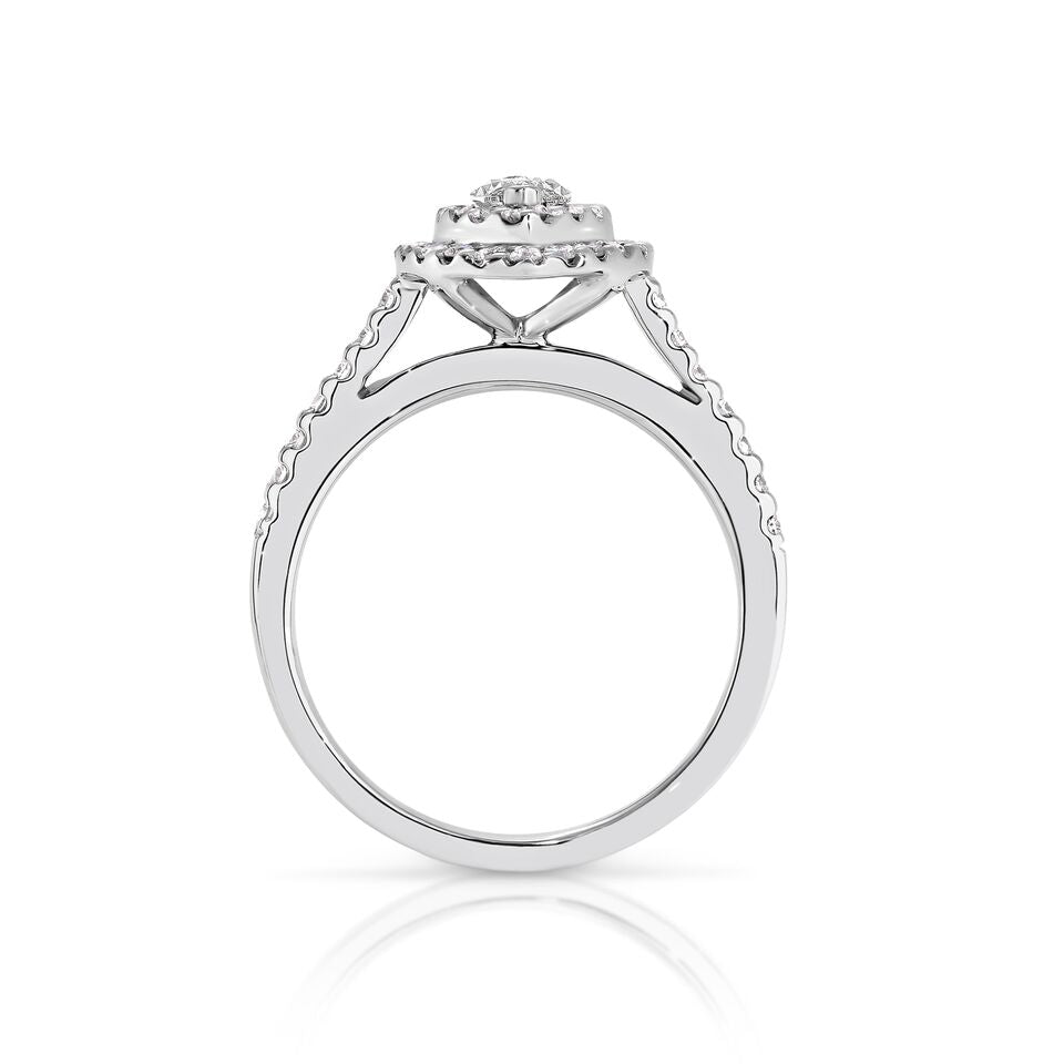 GIA certified marquise 0.50 ct F/SI2 set in 18K W/G double halo ring. TCW 1.10+ cts
