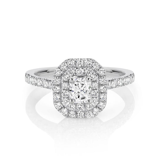 Radiant Double Halo Ring with 1.10 ct/18k white gold