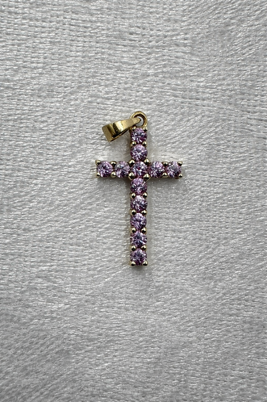 9K yellow gold pink sapphire cross pendant