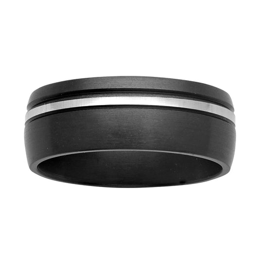 Mens Black Zirconium ring with offset White Zirconium Strip