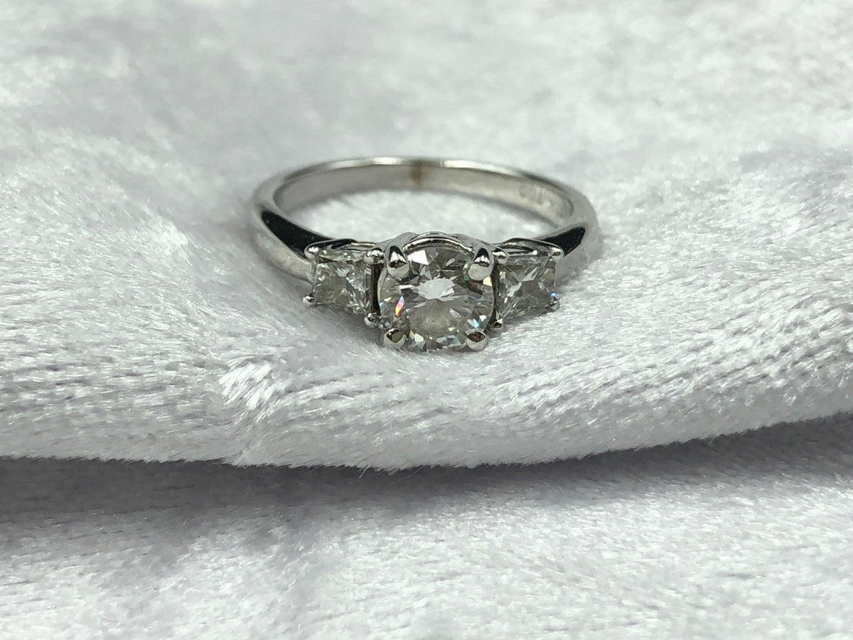 Gorgeous Three Stone diamond ring. 1.00 carat total weight, angled view