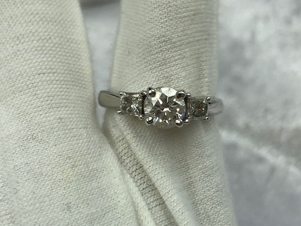 Gorgeous Three Stone diamond ring. 1.00 carat total weight, angled view