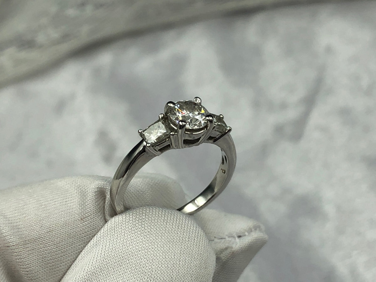 Gorgeous Three Stone diamond ring. 1.00 carat total weight, angled view