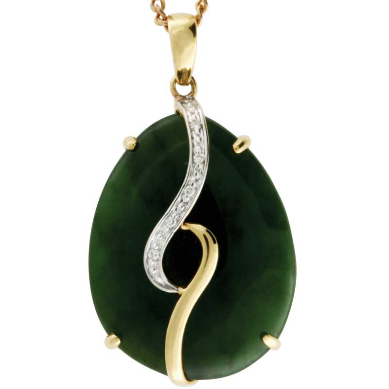 Pear Greenstone pendant with diamonds in 9K yellow gold
