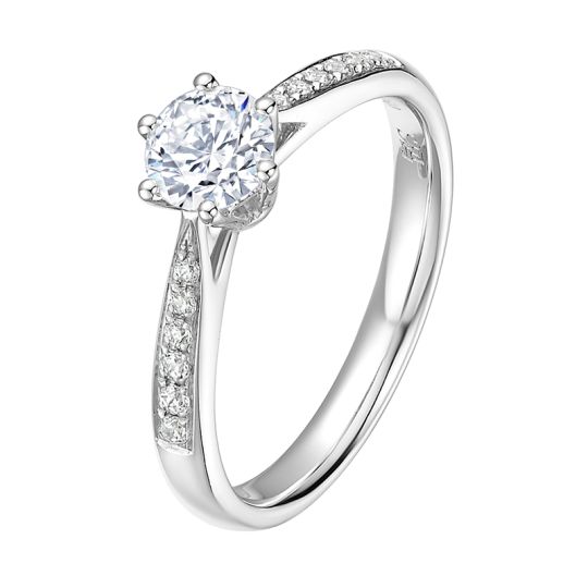 Tapered grain set 6 claw raised shoulder engagement ring. SETTING ONLY, angled view